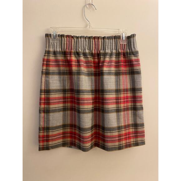 J Crew 4 EUC Wool Blend Tan Gray Red Sidewalk Pull on Plaid Skirt Holiday Career - Picture 1 of 9